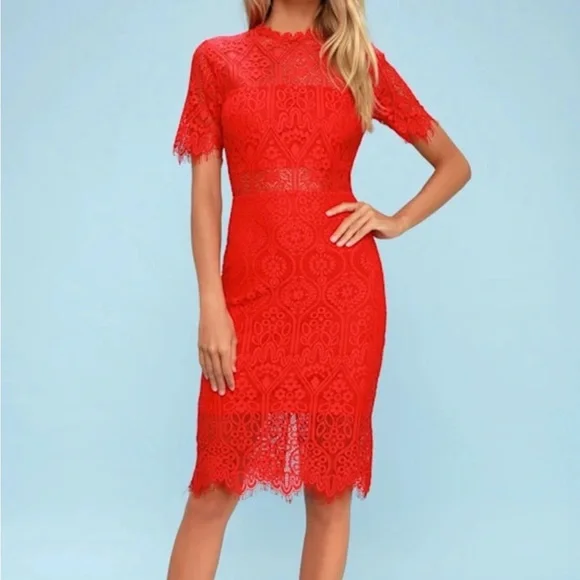 Lulus Remarkable Red Lace Dress/Shirt Sleeve/Cocktail/Size M - Picture 12 of 13